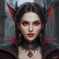 A beautiful romanian vampire woman with penetrating red bright eyes, long fangs, perfect face