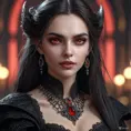 A beautiful romanian vampire woman with penetrating red bright eyes, long fangs, perfect face