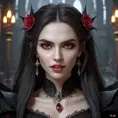 A beautiful romanian vampire woman with penetrating red bright eyes, long fangs, perfect face