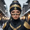 Wallpaper of a mysterious beautiful masked kunoichi ninja wearing eyeliner and gold jewelry in the streets of a dark snowy town in moscow, fluid motion