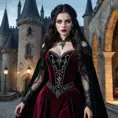 A stunningly beautiful vampire queen with piercing emerald eyes, porcelain skin, and long flowing black hair, adorned in a gothic burgundy velvet gown, standing in a castle courtyard bathed in moonlight, intricate details, hyperrealistic, sharp focus