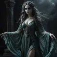 Ghostly rotting dead evil undead siren, graceful, flowing robes, wispy, glowing dark eyes, darkness