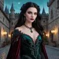 A stunningly beautiful vampire queen with piercing emerald eyes, porcelain skin, and long flowing black hair, adorned in a gothic burgundy velvet gown, standing in a castle courtyard bathed in moonlight, intricate details, hyperrealistic, sharp focus