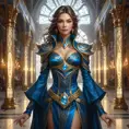 A magnificent female mage within a grand hall of mirrors, each reflecting her image surrounded by different magical effects, her outfit a masterpiece of intricate design and glowing runes