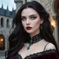 A stunningly beautiful vampire queen with piercing emerald eyes, porcelain skin, and long flowing black hair, adorned in a gothic burgundy velvet gown, standing in a castle courtyard bathed in moonlight, intricate details, hyperrealistic, sharp focus