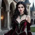 A stunningly beautiful vampire queen with piercing emerald eyes, porcelain skin, and long flowing black hair, adorned in a gothic burgundy velvet gown, standing in a castle courtyard bathed in moonlight, intricate details, hyperrealistic, sharp focus