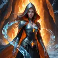 A mesmerizing female fire sorceress, cloaked in a veil of shimmering fire, standing within a cavern of crystal-clear ice, her presence causing the air to shimmer with heat, her eyes reflecting both fire and ice, a paradox of power.