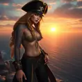 Miss Fortune from League of Legends, her skin adorned with nautical-themed tattoos, wearing a pirate captain's hat and a long coat, standing on a cliff overlooking a vast ocean, the sunset casting a golden glow on her, highly detailed, ultra-realistic, 6K resolution