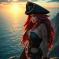 Miss Fortune from League of Legends, her skin adorned with nautical-themed tattoos, wearing a pirate captain's hat and a long coat, standing on a cliff overlooking a vast ocean, the sunset casting a golden glow on her, highly detailed, ultra-realistic, 6K resolution