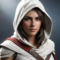 A beautiful Kassandra wearing a white hood in full Assassin's Creed style