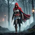 Red hooded Assassin's Creed female assassin emerging from the fog of battle