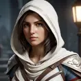 A beautiful Kassandra wearing a white hood in full Assassin's Creed style