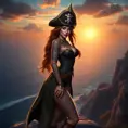 Miss Fortune from League of Legends, her skin adorned with nautical-themed tattoos, wearing a pirate captain's hat and a long coat, standing on a cliff overlooking a vast ocean, the sunset casting a golden glow on her, highly detailed, ultra-realistic, 6K resolution