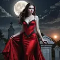 A stunning female vampire with alabaster skin, dressed in a flowing, blood-red gown, standing beneath a full moon in a gothic cemetery, her eyes glowing with an otherworldly light.