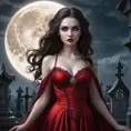 A stunning female vampire with alabaster skin, dressed in a flowing, blood-red gown, standing beneath a full moon in a gothic cemetery, her eyes glowing with an otherworldly light.