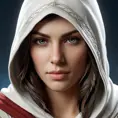 A beautiful Kassandra wearing a white hood in full Assassin's Creed style