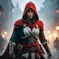 Red hooded Assassin's Creed female assassin emerging from the fog of battle