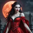 A stunning female vampire with alabaster skin, dressed in a flowing, blood-red gown, standing beneath a full moon in a gothic cemetery, her eyes glowing with an otherworldly light.