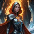 A mesmerizing female fire sorceress, cloaked in a veil of shimmering fire, standing within a cavern of crystal-clear ice, her presence causing the air to shimmer with heat, her eyes reflecting both fire and ice, a paradox of power.