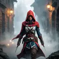 Red hooded Assassin's Creed female assassin emerging from the fog of battle