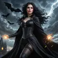 A powerful, dynamic image of vampire Yennefer soaring through a stormy night sky, her black cloak billowing behind her.  She's surrounded by bats and lightning, her eyes blazing with supernatural energy.