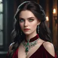 Portrait of Kassandra, a striking vampire with piercing emerald eyes, pale skin, and long raven hair cascading down her shoulders. She wears a flowing crimson velvet gown, a single ruby pendant adorns her neck