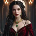 Portrait of Kassandra, a striking vampire with piercing emerald eyes, pale skin, and long raven hair cascading down her shoulders. She wears a flowing crimson velvet gown, a single ruby pendant adorns her neck