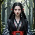 A majestic, ethereal vampire princess, inspired by Princess Mononoke, with long flowing black hair, pale skin, sharp fangs, and intense red eyes, wearing a dark, elegant kimono adorned with ornate silver details and glowing runes, surrounded by a mystical, enchanted forest