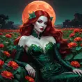 A seductive, gothic vampire, reminiscent of Poison Ivy, with emerald skin, long, flowing vines for hair, and crimson lips, lounging amidst a field of poisonous, bioluminescent flowers under a blood-red moon