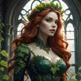 A majestic, powerful vampire Poison Ivy, standing tall amidst a decaying, gothic mansion overgrown with thorny vines.  She wears a crown of thorns and her skin shimmers with an otherworldly luminescence