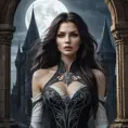 A brooding, elegant vampire Sarah Kerrigan, standing amidst a crumbling gothic castle, moonlight illuminating her pale face, sharp fangs visible,  long flowing black hair