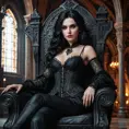 Yennefer, now a seductive vampire queen, lounging languidly on a gothic throne. Her skin is alabaster, her lips crimson, and her eyes glow with an unnatural light.  She's surrounded by shadowy figures and ornate, decaying architecture.