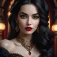 Close-up portrait of Vampire Princess Jasmine, seductive gaze, pale skin, crimson lips, sharp fangs subtly visible, intricate makeup,  flowing dark hair,  dramatic chiaroscuro lighting