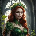 A majestic, powerful vampire Poison Ivy, standing tall amidst a decaying, gothic mansion overgrown with thorny vines.  She wears a crown of thorns and her skin shimmers with an otherworldly luminescence