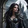 A brooding, elegant vampire Sarah Kerrigan, standing amidst a crumbling gothic castle, moonlight illuminating her pale face, sharp fangs visible,  long flowing black hair