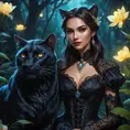 In the heart of an enchanted forest, Vampire Nidalee transforms seamlessly between human and panther form under the luminescent glow of bioluminescent flowers, her attire a blend of elegant Victorian lace and feline grace.