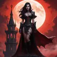 Vampire Nidalee stands silhouetted against a blood-red moon, her eyes glowing an eerie crimson as she perches atop a crumbling gothic tower, surrounded by swirling mist and ancient runes.