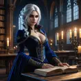 In a gothic library filled with dusty tomes and flickering candlelight, Vampire Ciri leans over an open book, her intense amber eyes reflecting a world of arcane secrets. Her elegant silhouette is draped in flowing midnight-blue velvet, and a pair of sharp silver daggers rests at her hips, glinting softly.