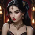 Close-up portrait of Vampire Princess Jasmine, seductive gaze, pale skin, crimson lips, sharp fangs subtly visible, intricate makeup,  flowing dark hair,  dramatic chiaroscuro lighting