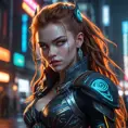 Cyberpunk vampire Aloy, neon lights reflecting in her eyes, futuristic tribal armor, glowing runes, intricate details, sharp fangs, holding a high-tech bow, dark city background