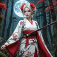 A gothic anime princess, reminiscent of San from Princess Mononoke, but with pale skin, sharp fangs, and crimson eyes, standing amidst a decaying forest, wearing a tattered kimono adorned with blood-red blossoms, holding a katana dripping with moonlight