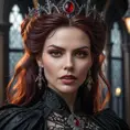 A hyperrealistic portrait of Sarah Kerrigan, transformed into a gothic vampire queen, sharp fangs, crimson eyes glowing faintly, intricate dark Victorian-era gown, ethereal