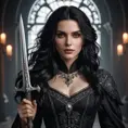 A breathtaking portrait of Yennefer from The Witcher, transformed into a vampire, with piercing red eyes, pale skin, and long, flowing black hair. She wears a dark, elegant gown, adorned with silver accents, and holds a wickedly sharp silver dagger