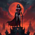 Vampire Nidalee stands silhouetted against a blood-red moon, her eyes glowing an eerie crimson as she perches atop a crumbling gothic tower, surrounded by swirling mist and ancient runes.