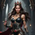 Dark fantasy illustration of Lara Croft as a powerful vampire queen, regal pose, ornate crown, crimson eyes, long flowing dark hair, holding a jeweled dagger