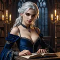 In a gothic library filled with dusty tomes and flickering candlelight, Vampire Ciri leans over an open book, her intense amber eyes reflecting a world of arcane secrets. Her elegant silhouette is draped in flowing midnight-blue velvet, and a pair of sharp silver daggers rests at her hips, glinting softly.