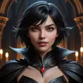 photorealistic portrait of Cassandra Cain as a vampire, sharp fangs, crimson eyes glowing, dark gothic attire