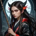 Vampire Princess Mononoke:  A striking portrait of a young woman, combining the features of San from Princess Mononoke and a classic vampire, with glowing red eyes, long dark hair, and sharp canines, wearing a flowing dark kimono, holding a mystical, glowing staff