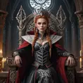 Aloy, vampire queen, sitting on a throne of bones, regal expression, crimson eyes, intricate headdress, dark flowing robes, gothic architecture