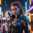 Cyberpunk vampire Aloy, neon lights reflecting in her eyes, futuristic tribal armor, glowing runes, intricate details, sharp fangs, holding a high-tech bow, dark city background